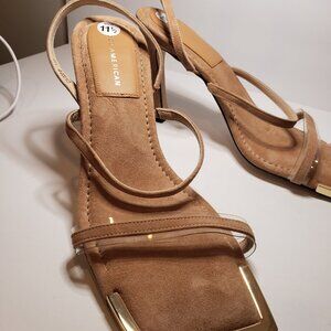 Good American Standout Suede Square Toe Strap Heels/Sandals, Nude size 11